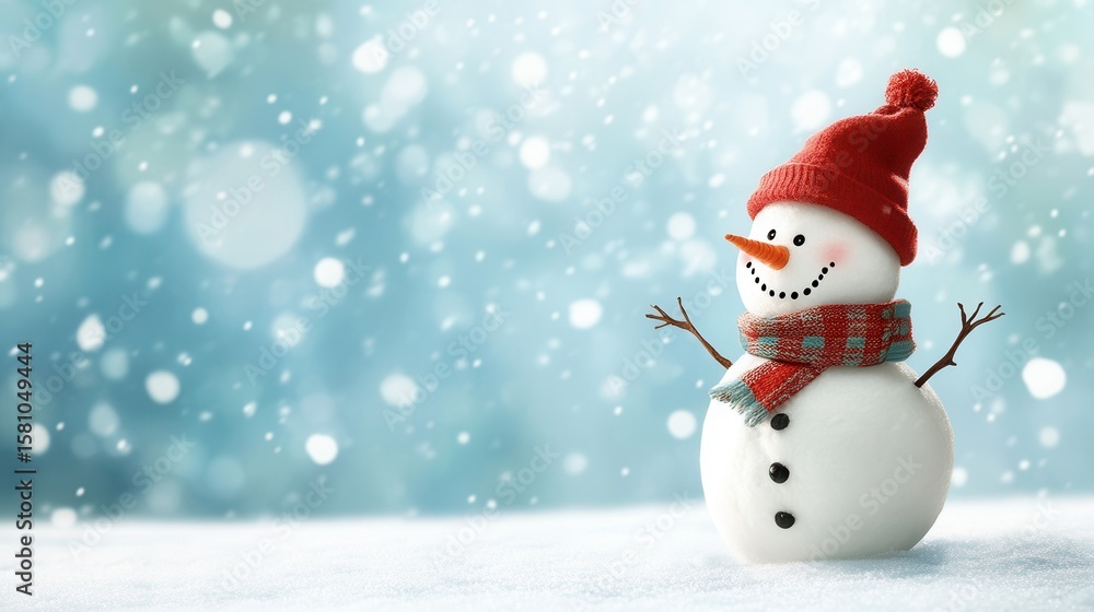 Fototapeta premium Cheerful snowman with red hat and scarf in winter wonderland.