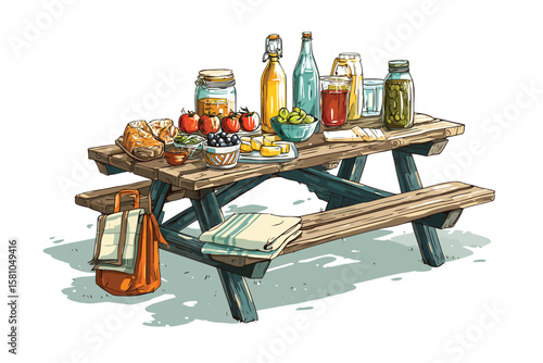 Picnic table with food and drinks in a park, isolated on white background