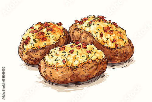 Stuffed baked potatoes with cheese and bacon, isolated on white background