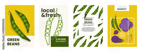 Fresh green beans illustration. Simple posters with organic vegetable for farmers market advertising. Vector templates with copyspace. Set of harvested vegetables in minimal hand drawn and flat style.