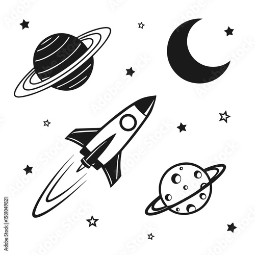 Rocket planets and moon in space stars