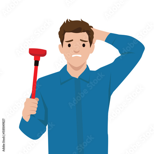 Puzzled man in a blue shirt holds a red plunger while scratching his head. Flat vector illustration isolated on white background
