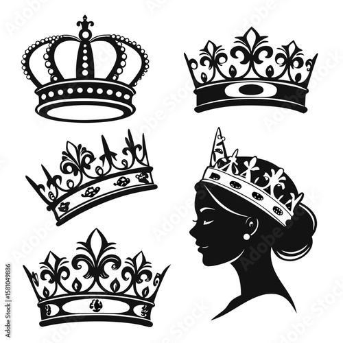 Royal crowns and regal profile silhouette tiara queen