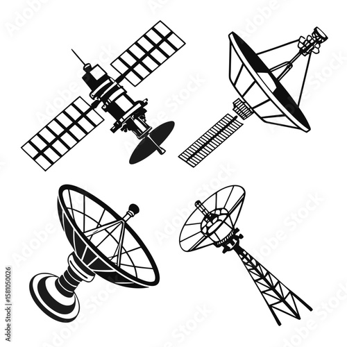 Satellite dish and orbital station silhouettes space