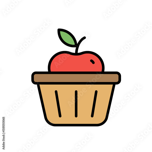 Flat vector illustration of apple basket with fresh red apple and green leaf for farm or fruit market design