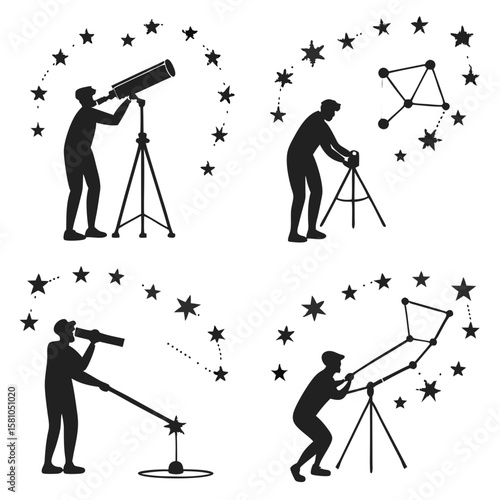Stargazing silhouettes with telescopes and constellations