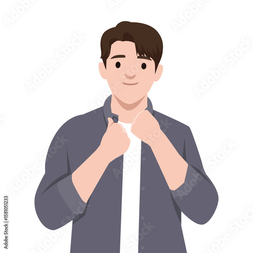 Young man adjusts his shirt collar with a calm smile, showing casual confidence. Flat vector illustration isolated on white background