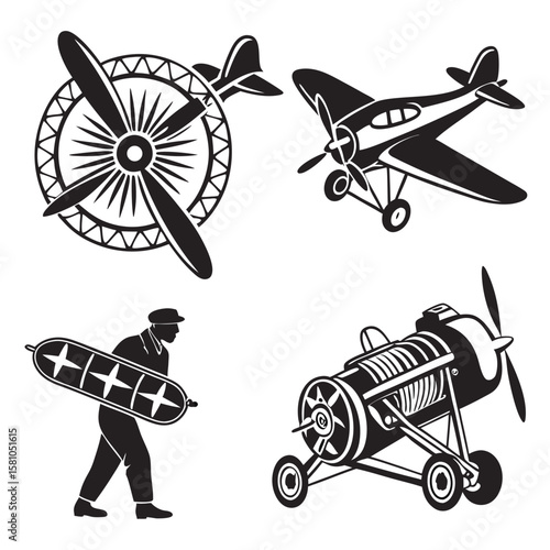 Vintage Aircraft and Pilot Silhouettes airplane propeller