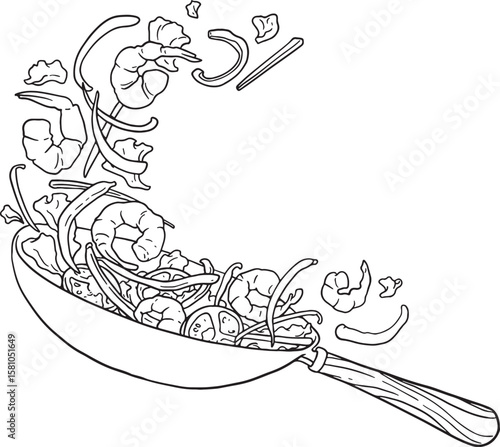 A dynamic line art illustration of a wok tossing various ingredients including shrimps, vegetables, and seasonings into the air, depicting the action of stir-frying. Ideal for cooking, food.