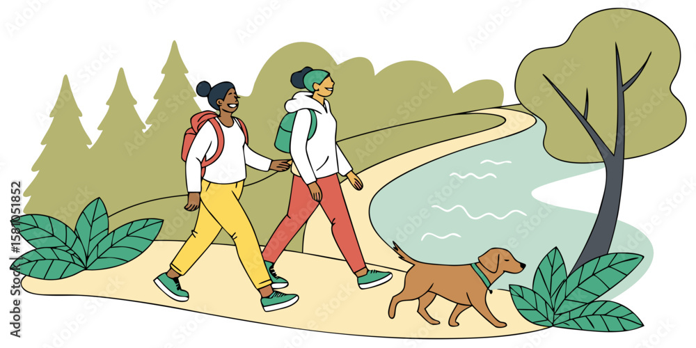 Obraz premium Friends walking their dog on a lakeside trail, sharing smiles and nature’s beauty, in modern flat illustration style