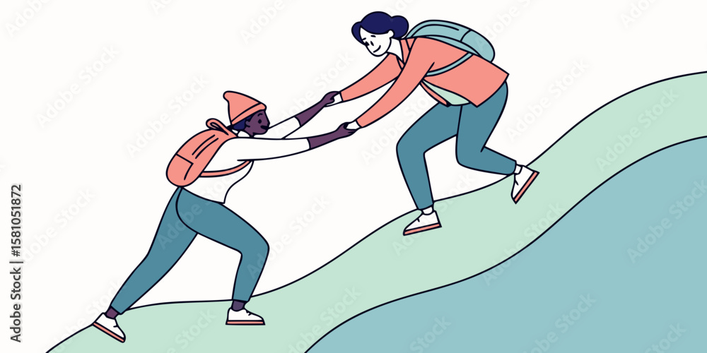 Obraz premium Two people climbing a gentle mountain slope with water views behind them, helping each other, in modern flat illustration style