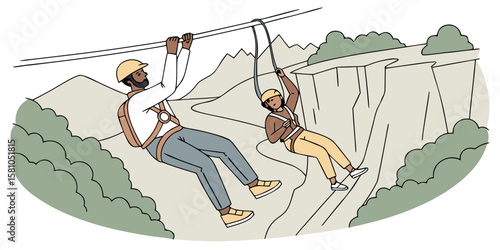 A couple ziplining over a river canyon, adrenaline and joy captured mid-air, in modern flat illustration style