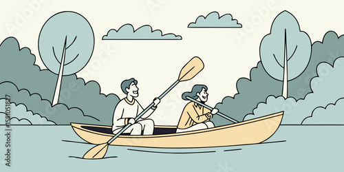 A young couple kayaking side by side on calm lake waters, paddling in sync while smiling, in modern flat illustration style