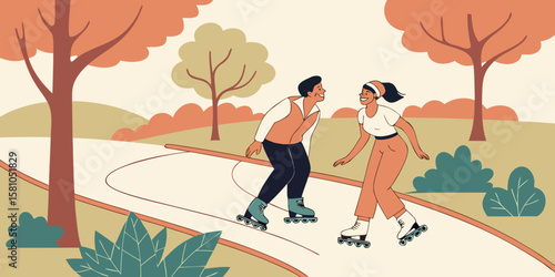 A man and woman rollerblading on a riverside path, laughing under the warm sun, surrounded by trees, in modern flat illustration style
