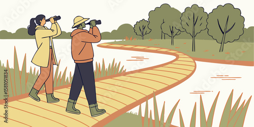 Couple birdwatching with binoculars on a marshland boardwalk near a lake, in modern flat illustration style