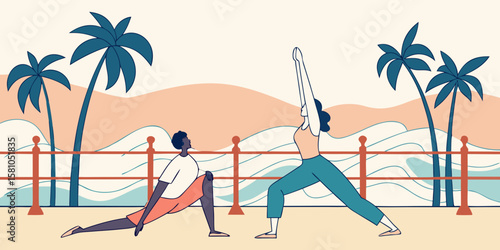 Couple practicing yoga on a beach boardwalk with ocean waves in the background, in modern flat illustration style