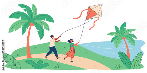 Couple flying kites at a beachside park, enjoying the breeze and laughing together, in modern flat illustration style