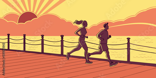 Couple running on a boardwalk by the sea during sunrise, energizing their morning, in modern flat illustration style