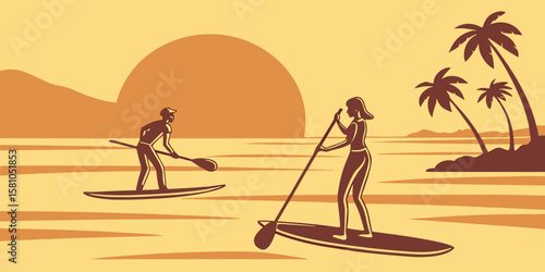 Friends paddleboarding near the shore at sunset, chatting and relaxing on still waters, in modern flat illustration style