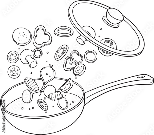 Line art illustration showcasing a frying pan with its lid removed, and various vegetables like bell peppers, mushrooms, and tomatoes dynamically floating or being tossed above it. This image conveys.