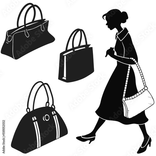 Woman walking with handbags silhouette tote bag clutch