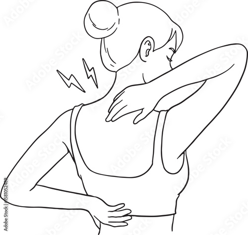 illustration of a woman experiencing upper back and neck pain, holding her painful areas. Lightning bolt symbols indicate discomfort. Ideal for depicting health issues, muscle strain.