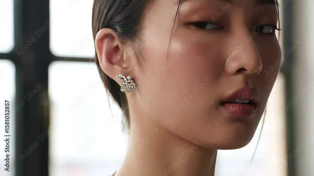 Woman wearing earrings, near window Woman wearing earrings, near window
