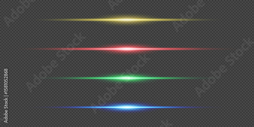 Colored Light Beam Flare Set. Yellow, Red, Green, Blue Glow Effects PNG