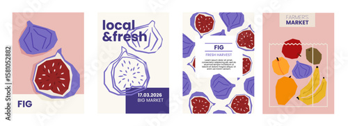 Fresh fig illustration. Simple posters with organic fruits for farmers market advertising. Vector templates with copyspace. Set of harvested vegetables in minimal hand drawn and flat style.