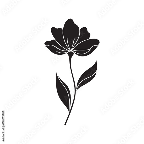 Black silhouette of a blooming flower with leaves isolated on white background silhouette