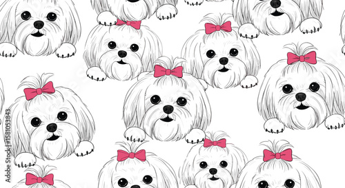 Adorable White Puppies with Pink Bows Adorning Their Fluffy White Hair