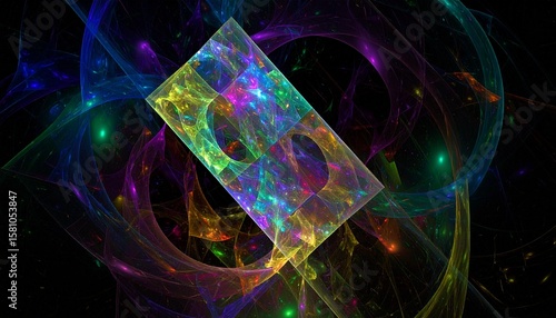 A never-ending labyrinth of glowing, semi-transparent fractal structures suspended, abstract colorful background