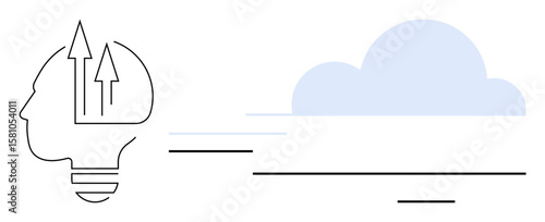 Human head with arrows rising upward inside, symbolizing ideas and innovation, next to soft cloud shape suggesting imagination, progress, and digital concepts. Ideal for creativity, teamwork