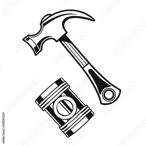 Hammer and piston silhouette for automotive or construction themes isolated on white background