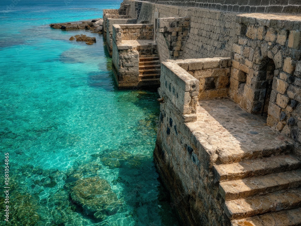 Fototapeta premium Ancient stone steps descend into crystal-clear turquoise water.