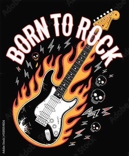 Born to Rock Design with Electric Guitar Flames Skulls and Lightning Bolts AI Generated T Shirt Design