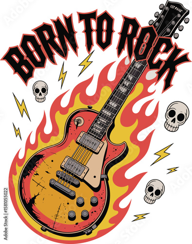 Born to Rock Guitar with Flames Skulls and Lightning Bolts Illustration AI Generated T Shirt Design