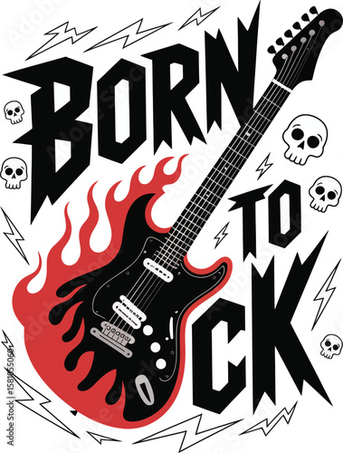 Born to Rock Graphic with Electric Guitar Flames Skulls and Lightning AI Generated T Shirt Design