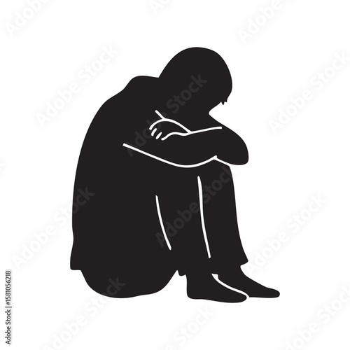 Sad person embracing knees silhouette isolated on white background