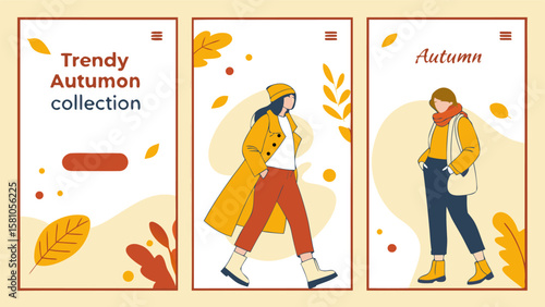 Three autumn fashion themed panels with women in stylish clothing and falling leaves and menu icons