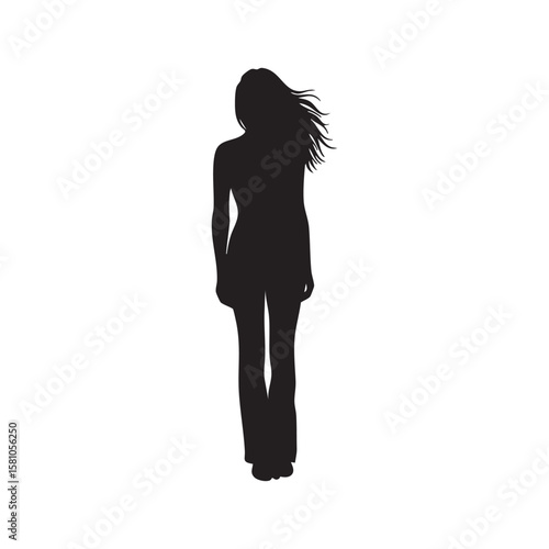 A woman with flowing hair standing in silhouette isolated on white background silhouette