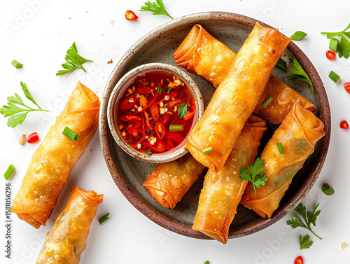 Mini vegetable spring rolls with dipping sauce in a tiny bowl, top-down view, isolated on white