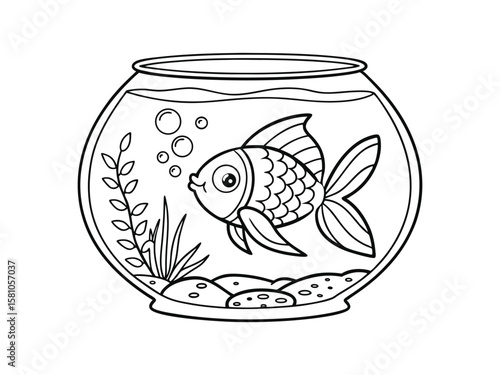 Goldfish swimming in a transparent round glass fishbowl coloring page. Goldfish swimming in a transparent round glass fishbowl coloring page. Fish round glass aquarium
