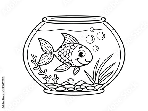 Goldfish swimming in a transparent round glass fishbowl coloring page. Goldfish swimming in a transparent round glass fishbowl coloring page. Fish round glass aquarium