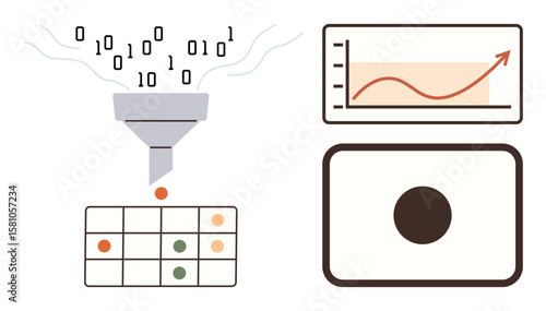 Binary code passes through a funnel to sort into structured data paired with graphs and visual elements. Ideal for machine learning, AI, data analysis, processing, automation, pattern recognition