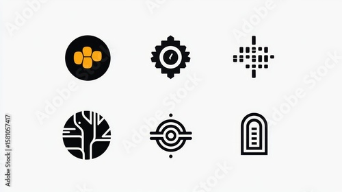 Generate 6 unique, abstract simple logo symbols. Focus on a futuristic and human-centered theme, emphasizing AI and global impact. simple shapes, black and white, brand logo, simple, monochrome, white