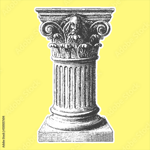 Corinthian column capital in classic architecture. Detailed vector illustration of an iconic ancient structure on a light background.