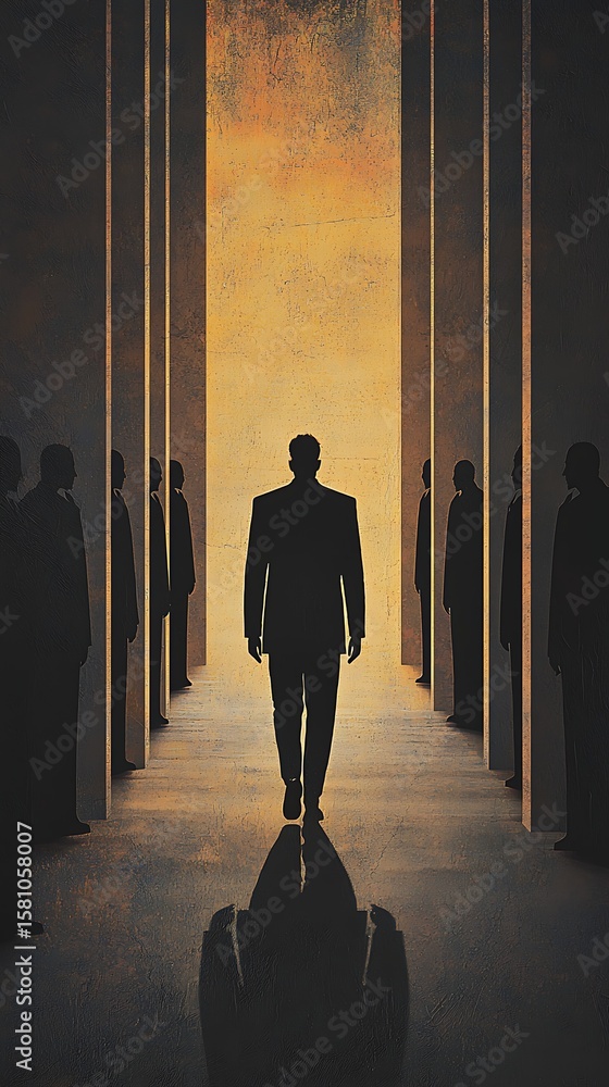 Fototapeta premium A lone man in a suit walks through tall columns while shadowed figures stand silently on either side in a dimly lit, dramatic corridor.