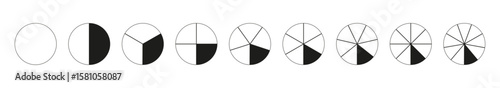 Circle division on from 1 to 9 equal parts. Round divided diagrams with from one to nine segments. Coaching blank. Infographic set of pizza, pie charts. Segmented pinwheel. Outline graphics icons. 