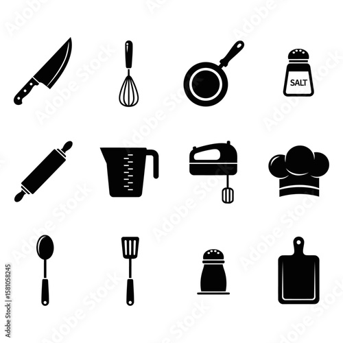 Kitchen Utensils and Cooking Tools Icons – Knife, Whisk, Frying Pan, Salt Shaker, Rolling Pin, Measuring Cup, Mixer, Chef Hat, Spoon, Spatula, Cutting Board Vector Illustrations